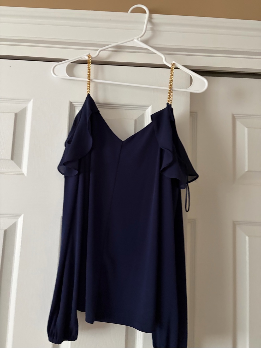 Michael Kors Navy Cold-Shoulder Blouse with Gold Chain Straps
